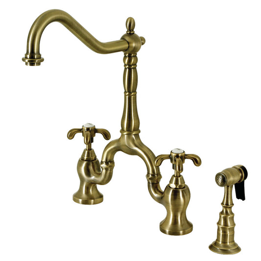Kingston KS7753TXBS French Country Bridge Kitchen Faucet with Brass Sprayer, Antique Brass.