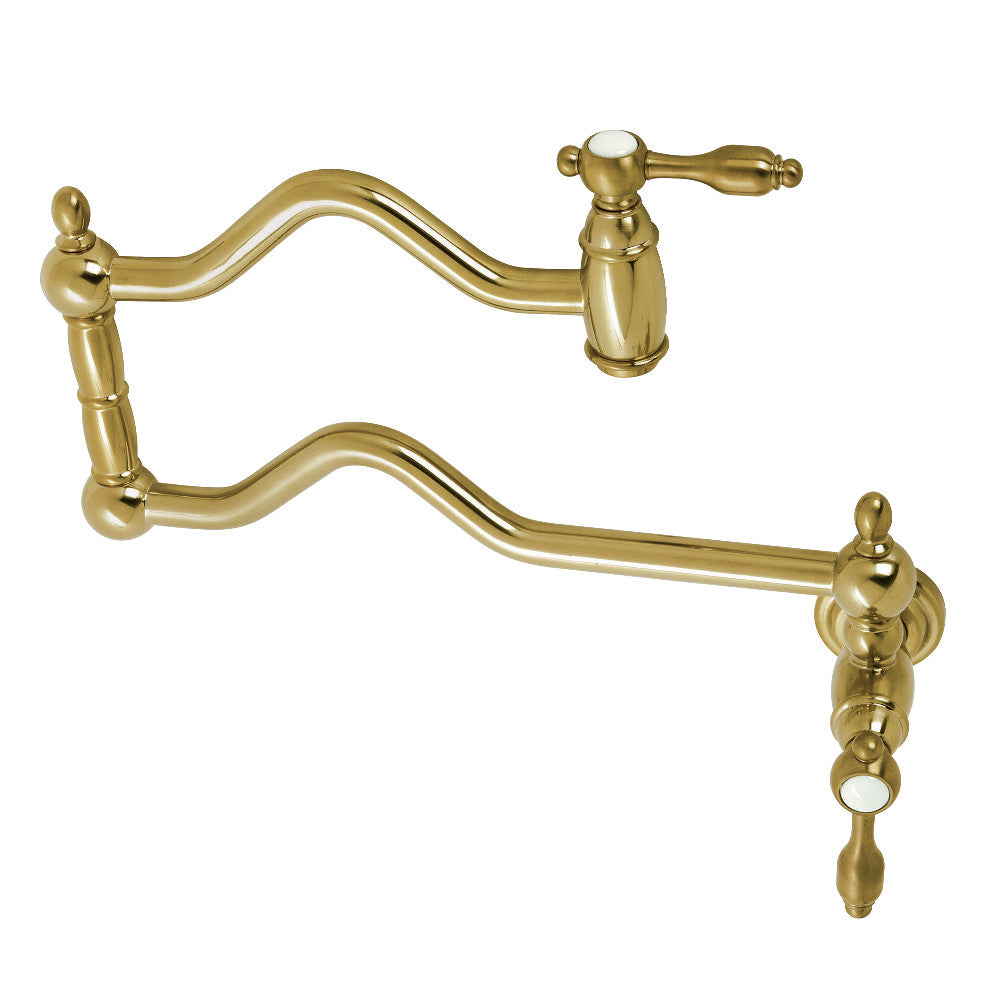 Kingston Brass KS2107TAL Tudor Wall Mount Pot Filler Faucet, Brushed Brass with vintage design foldable swing arms