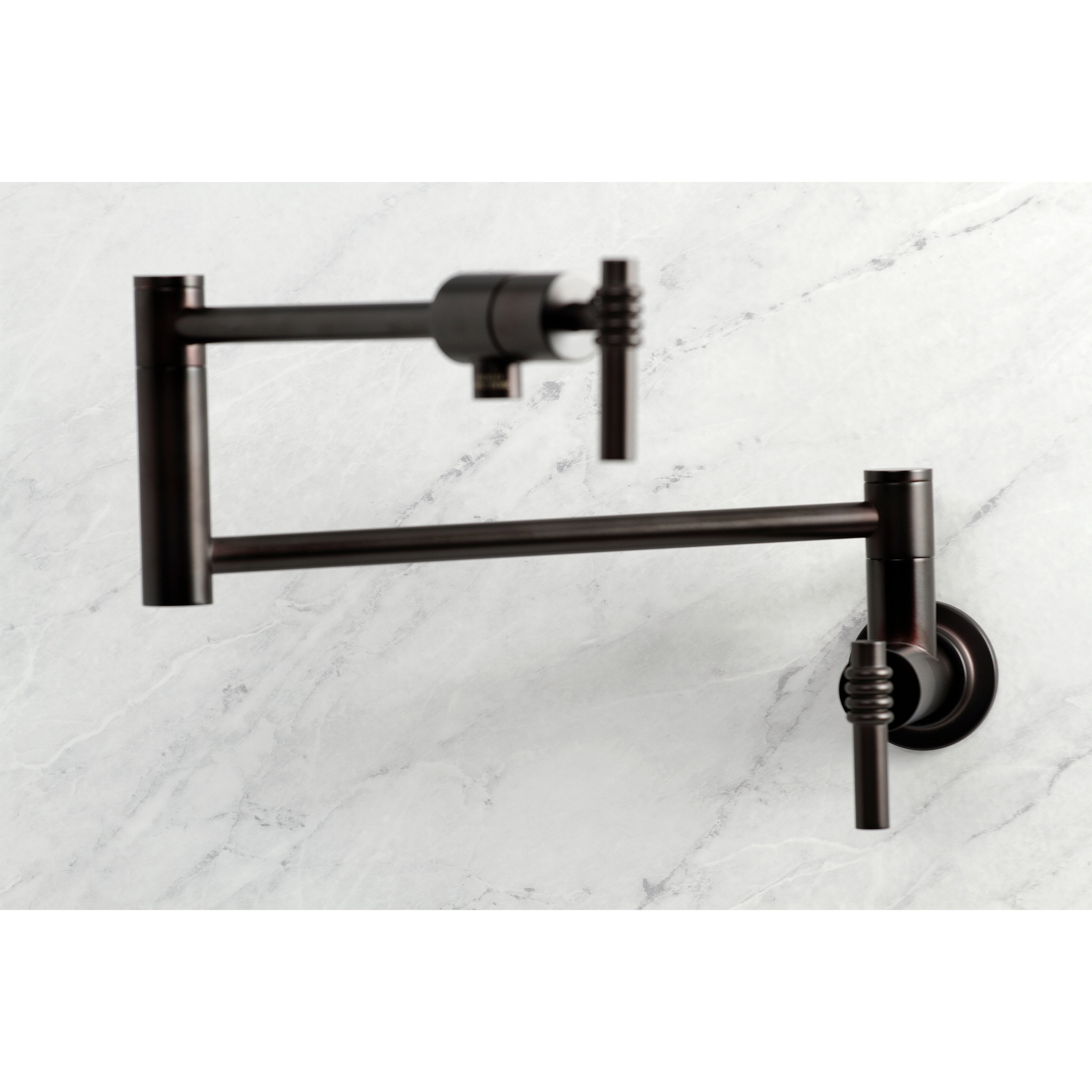 Kingston Brass KS4103ML Milano Wall Mount Pot Filler Faucet, Antique Brass close-up view with foldable swing arms