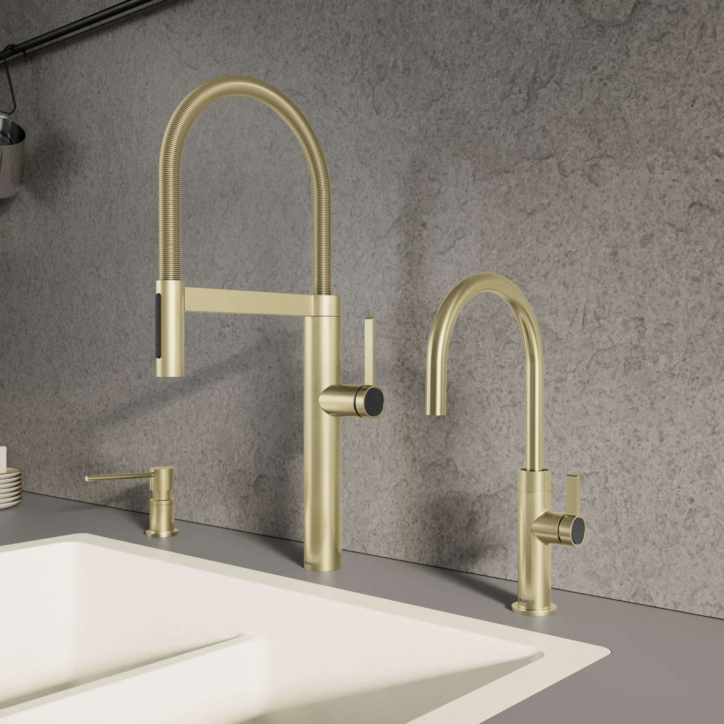 BLANCO Culina II Semi-Pro Pull-Down Dual-Spray Kitchen Faucet in a stylish gold finish beside a matching prep faucet.