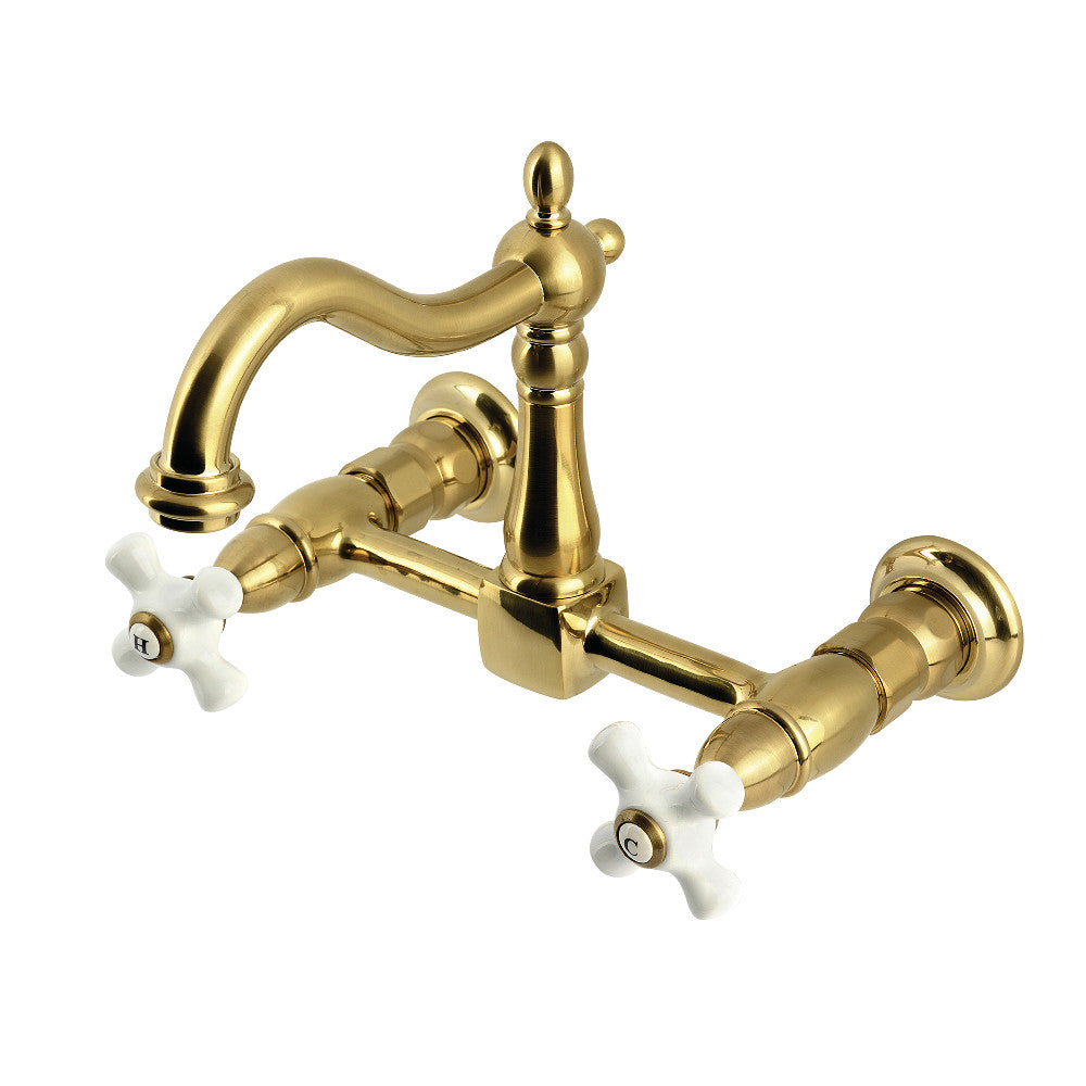 Kingston KS1263PX Heritage Two-Handle Wall Mount Bridge Kitchen Faucet, Antique Brass with white ceramic handles
