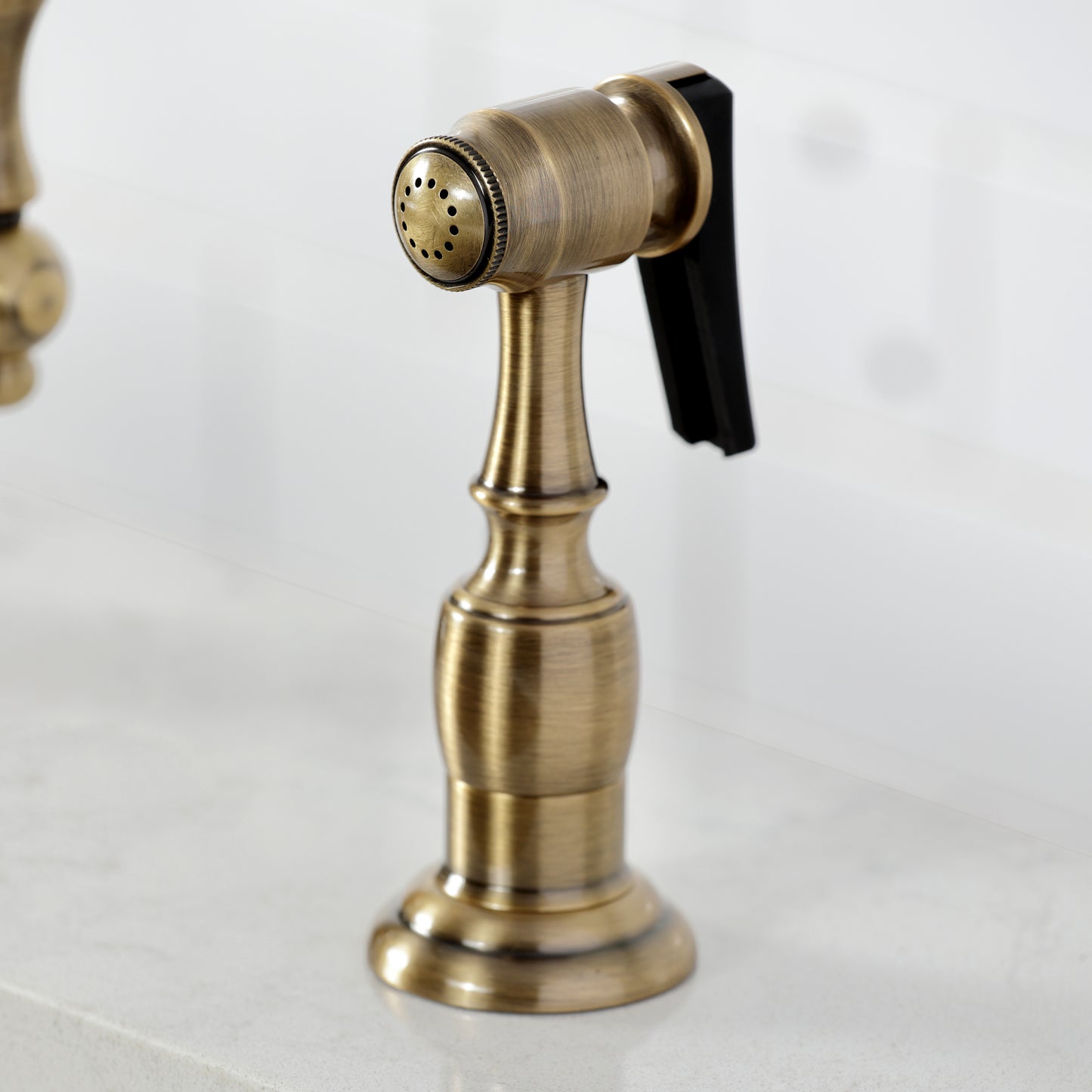 Kingston Brass KS1773ALBS Heritage Two-Handle Single-Hole Kitchen Faucet with Brass Sprayer, Antique Brass sprayer close-up