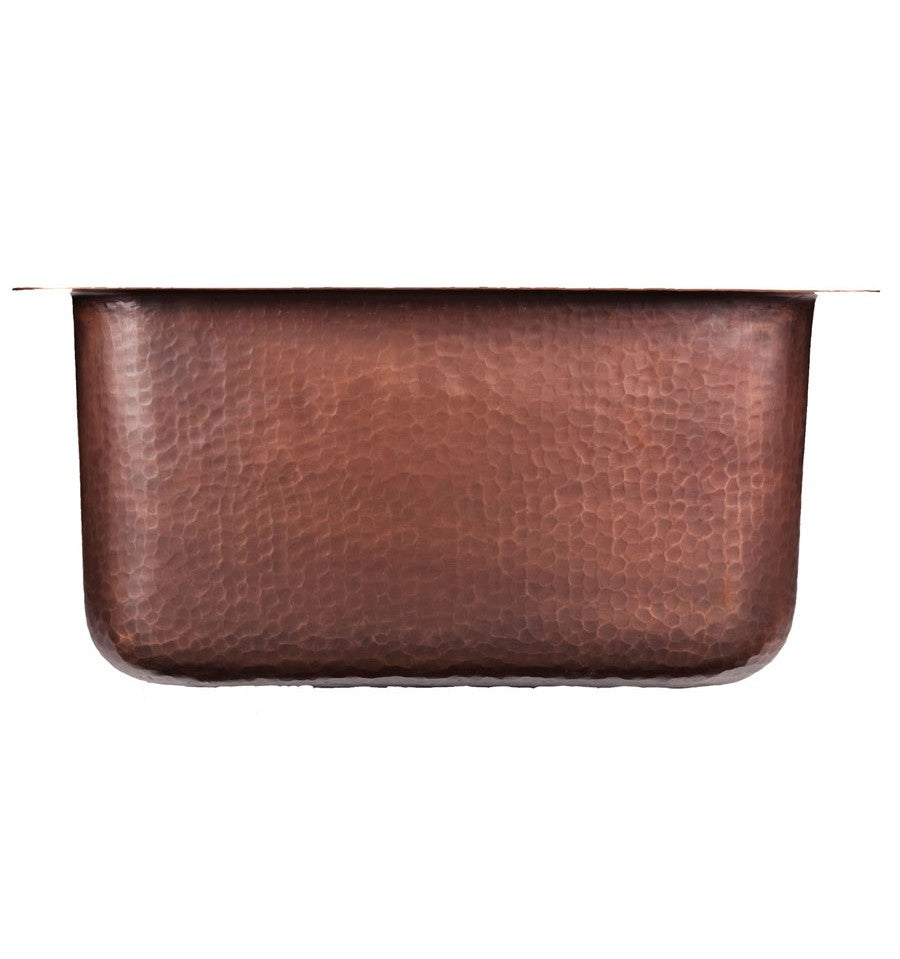 Hand-hammered aged copper finish on the Thompson Rivera square bar sink, KPU-1715BC