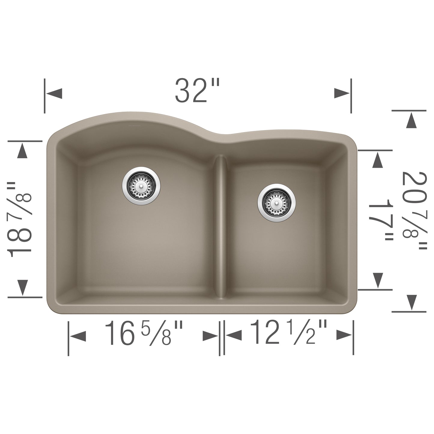 BLANCO Diamond SILGRANIT 32" 60/40 Double Bowl Undermount Kitchen Sink with Low Divide dimensions and design.