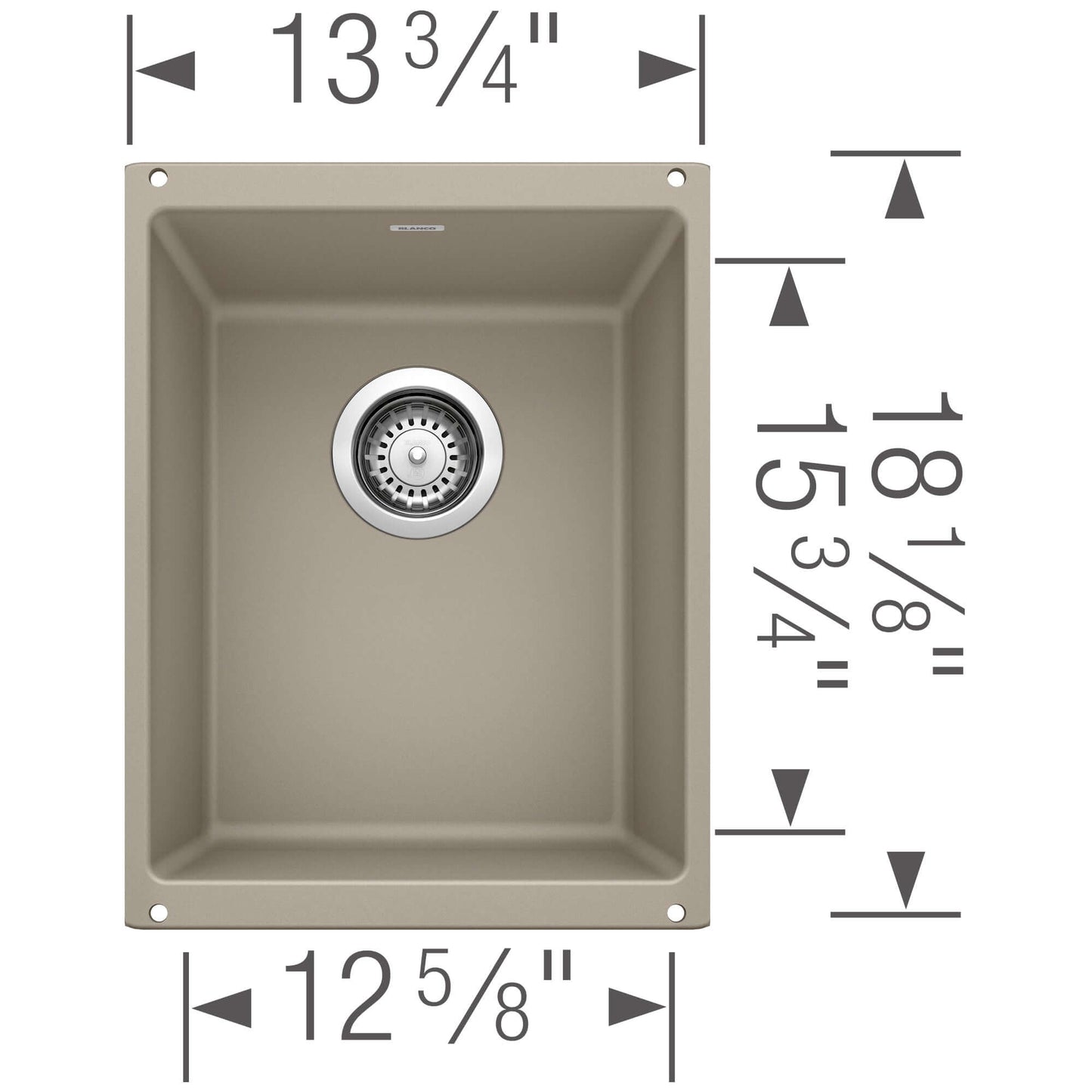 BLANCO Precis SILGRANIT 13" Undermount Bar Sink dimensions showing sink depth, width, and height.