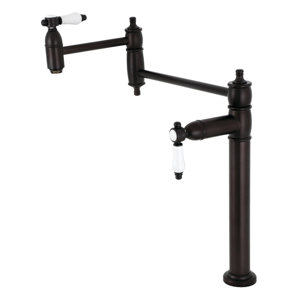 Kingston Brass KS3703BPL Bel-Air Deck Mount Pot Filler Faucet, Antique Brass, with white porcelain levers and oil rubbed bronze finish.
