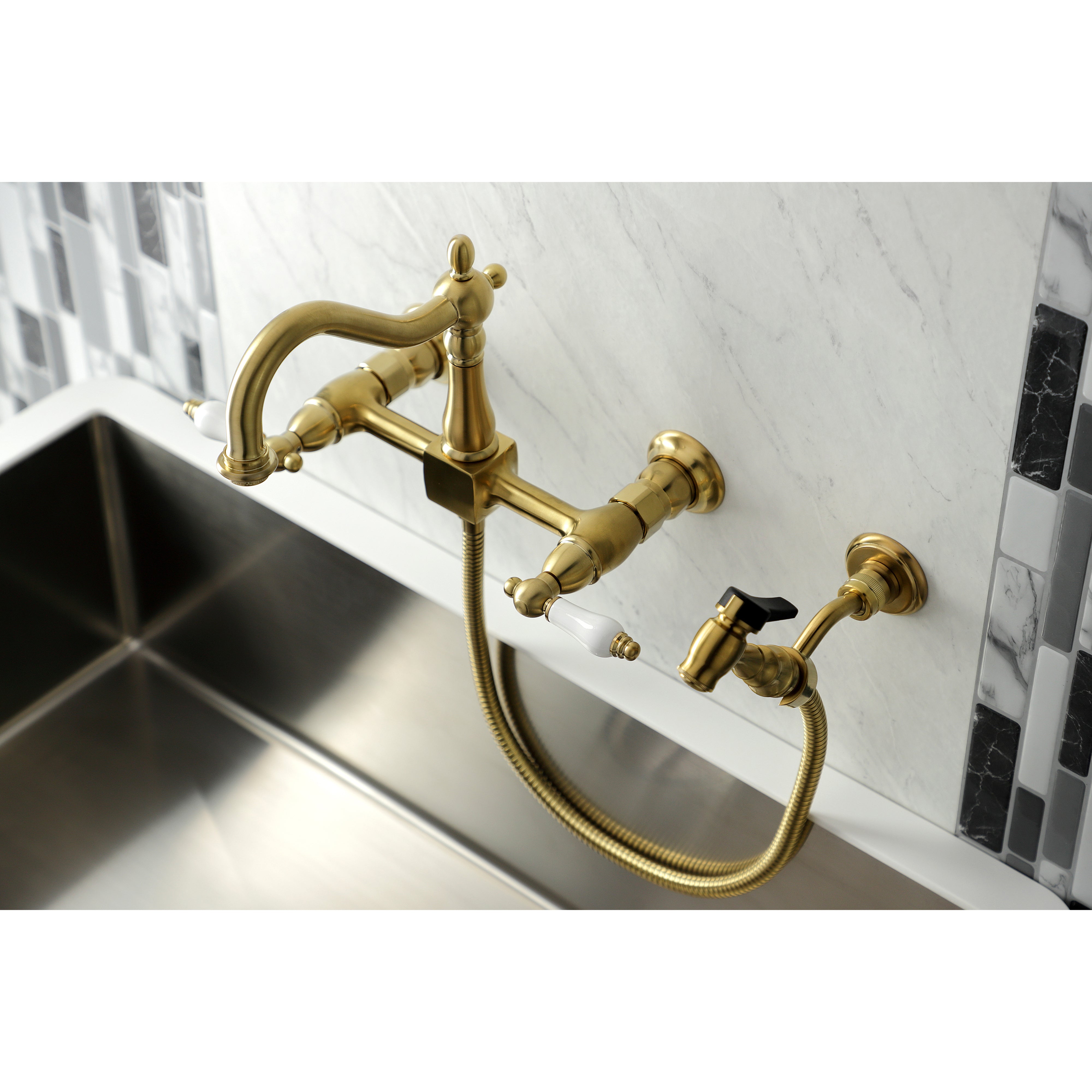 Kingston KS1263PLBS Heritage Two-Handle Wall Mount Bridge Kitchen Faucet with Brass Sprayer, Antique Brass