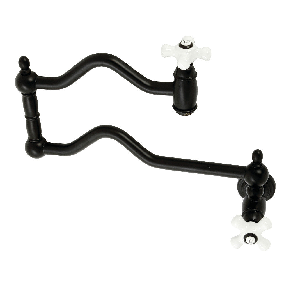 Kingston Brass KS2107PX Heritage Wall Mount Pot Filler Faucet, Brushed Brass, with foldable swing arms and black finish.