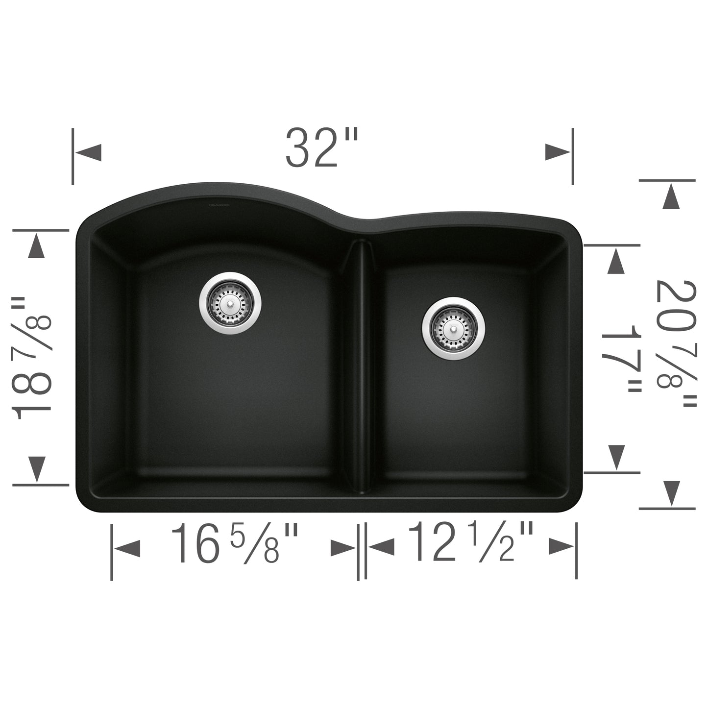 BLANCO Diamond SILGRANIT 32" 60/40 Double Bowl Undermount Kitchen Sink dimensions and design diagram.
