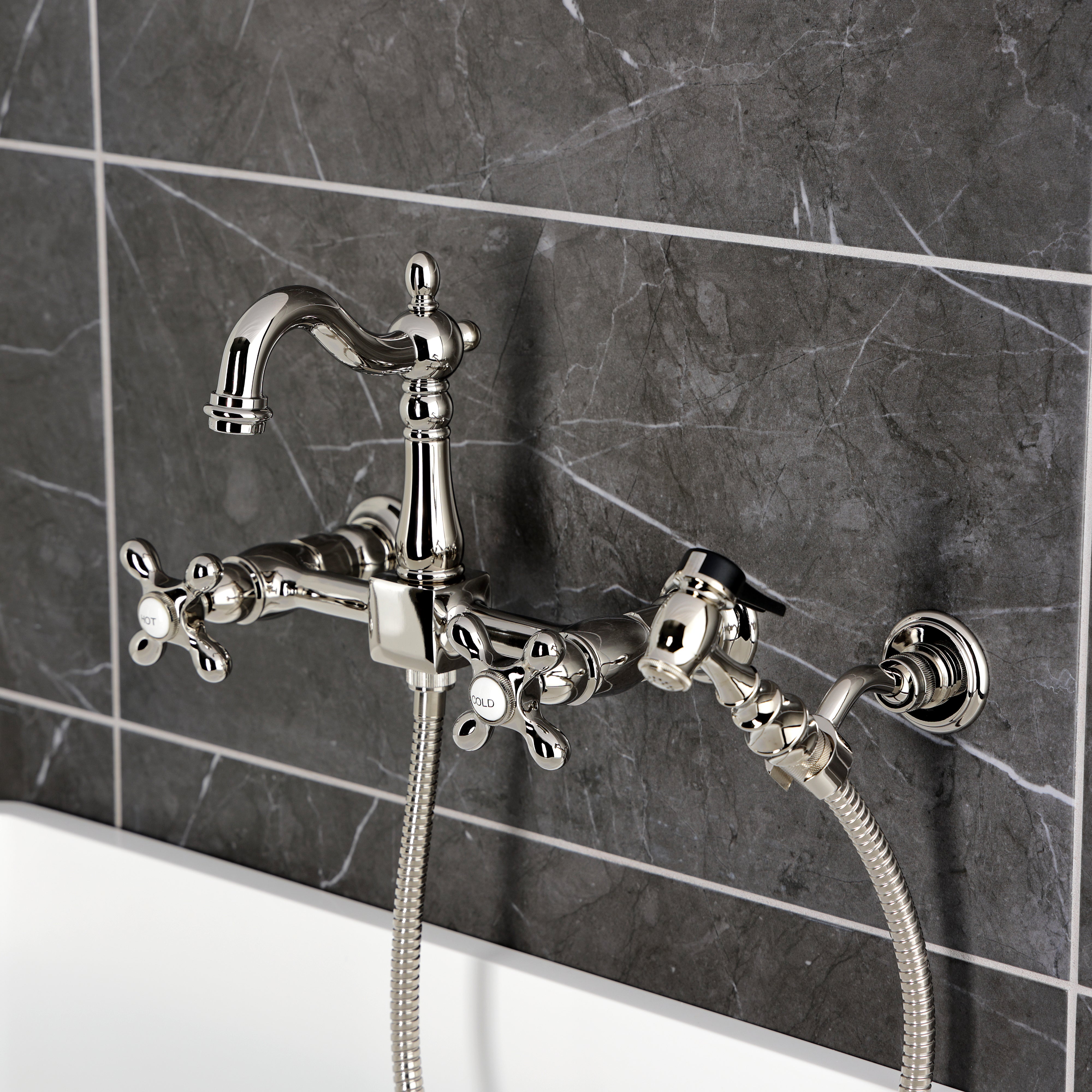 Kingston KS2443AXBS Heritage Two-Handle Wall Mount Bridge Kitchen Faucet with Brass Sprayer, Antique Brass