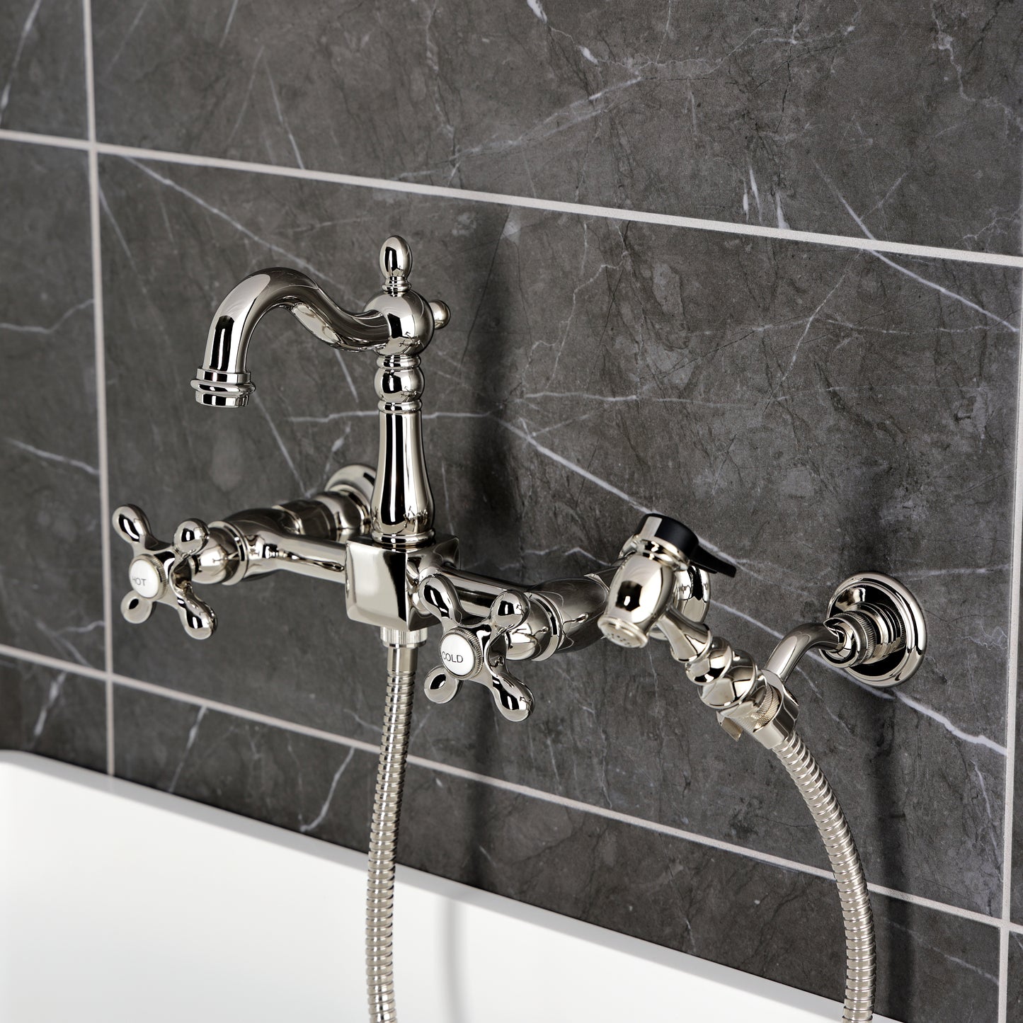 Kingston KS2443AXBS Heritage Two-Handle Wall Mount Bridge Kitchen Faucet with Brass Sprayer, Antique Brass