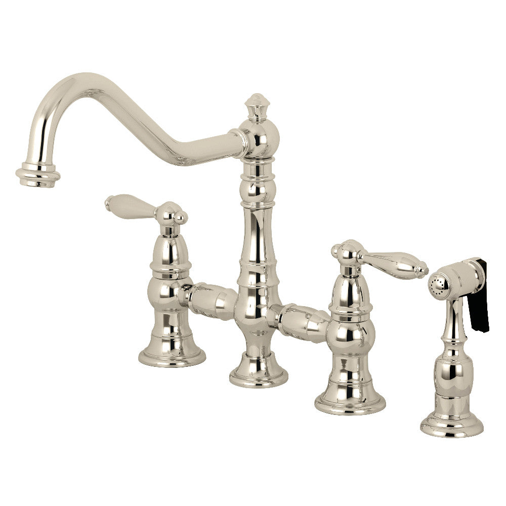 Kingston KS3277ALBS Restoration Bridge Kitchen Faucet with Brass Sprayer, Brushed Brass.