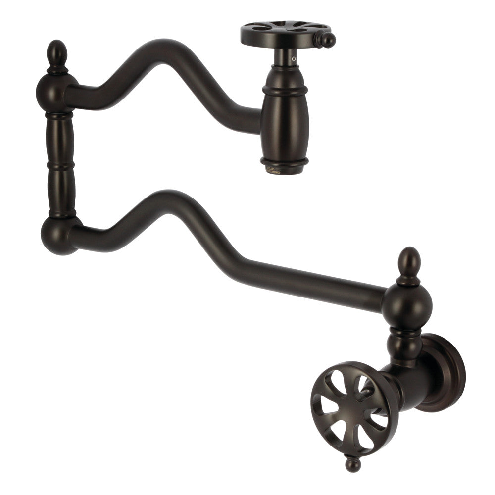 Kingston Brass KS2107RX Belknap Wall Mount Pot Filler Faucet, Brushed Brass design with oil rubbed bronze finish.