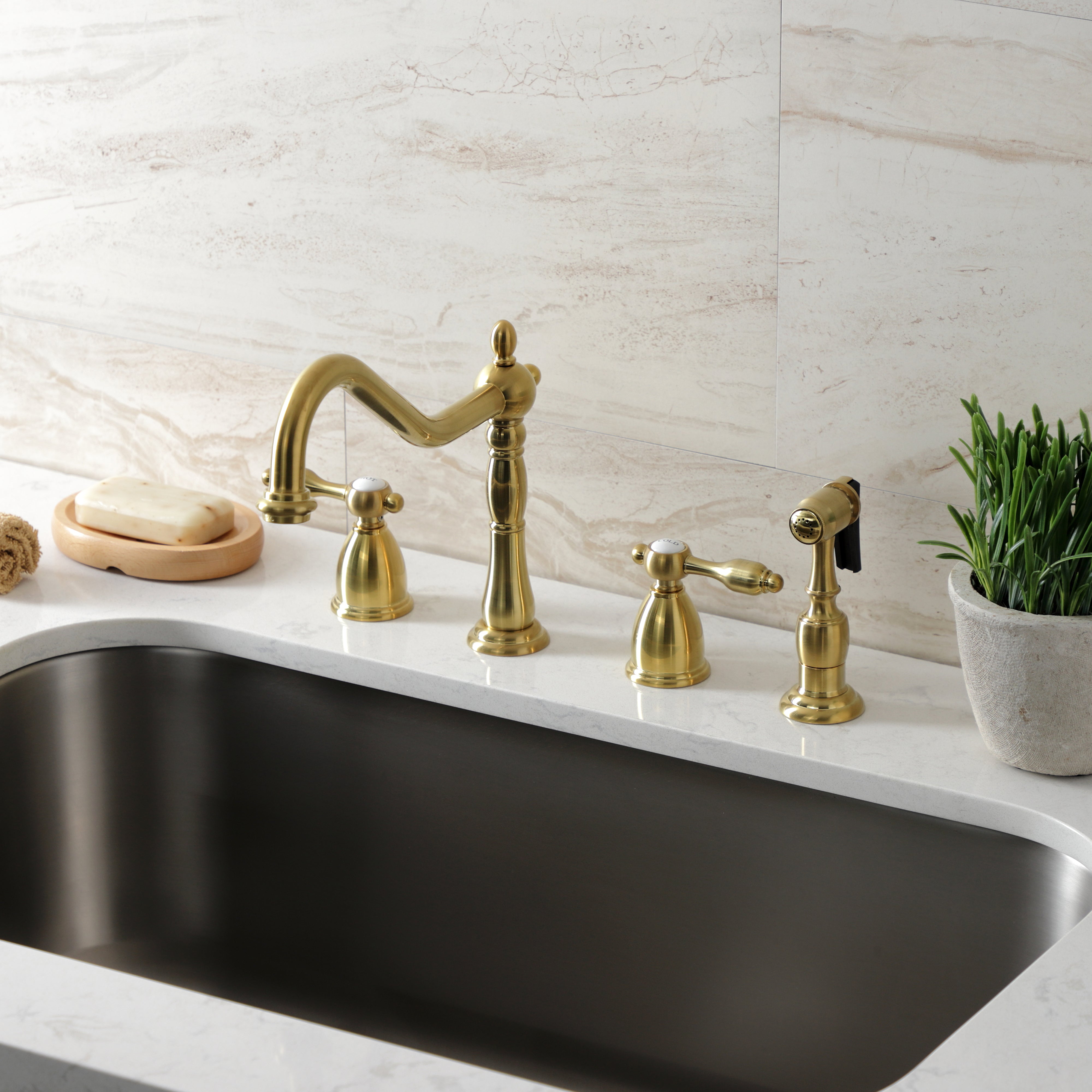 Kingston Brass KB1797TALBS Tudor Double-Handle Widespread Kitchen Faucet with Brass Sprayer, Brushed Brass