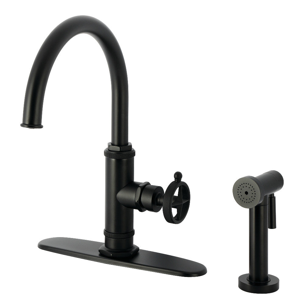 Kingston Brass KSD2433RNK Levante Single-Handle Kitchen Faucet, Antique Brass with side spray in matte black finish