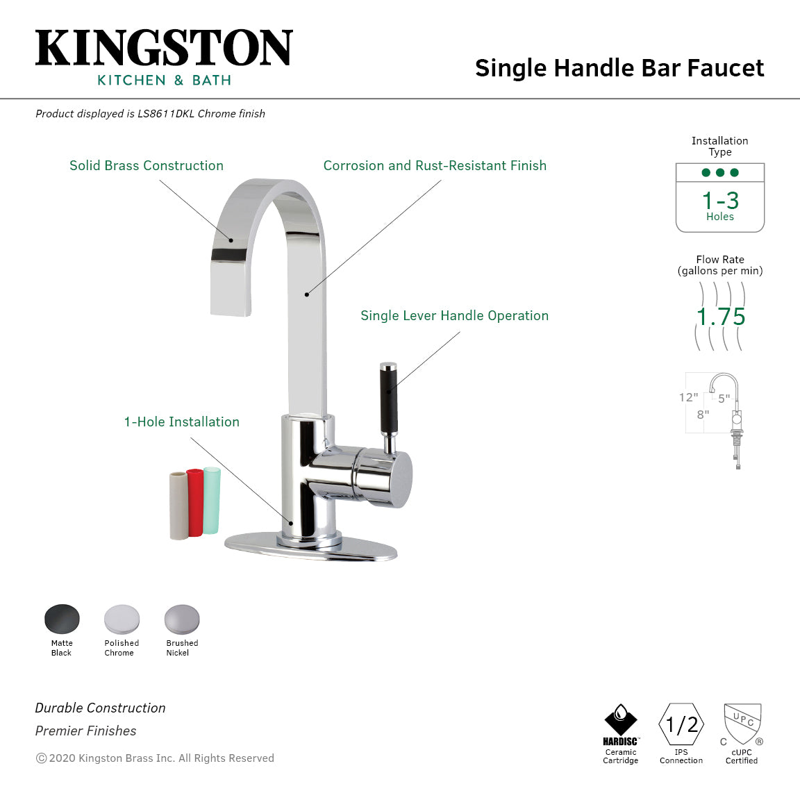Kingston Brass LS8618DKL Kaiser Single-Handle Bar Faucet
