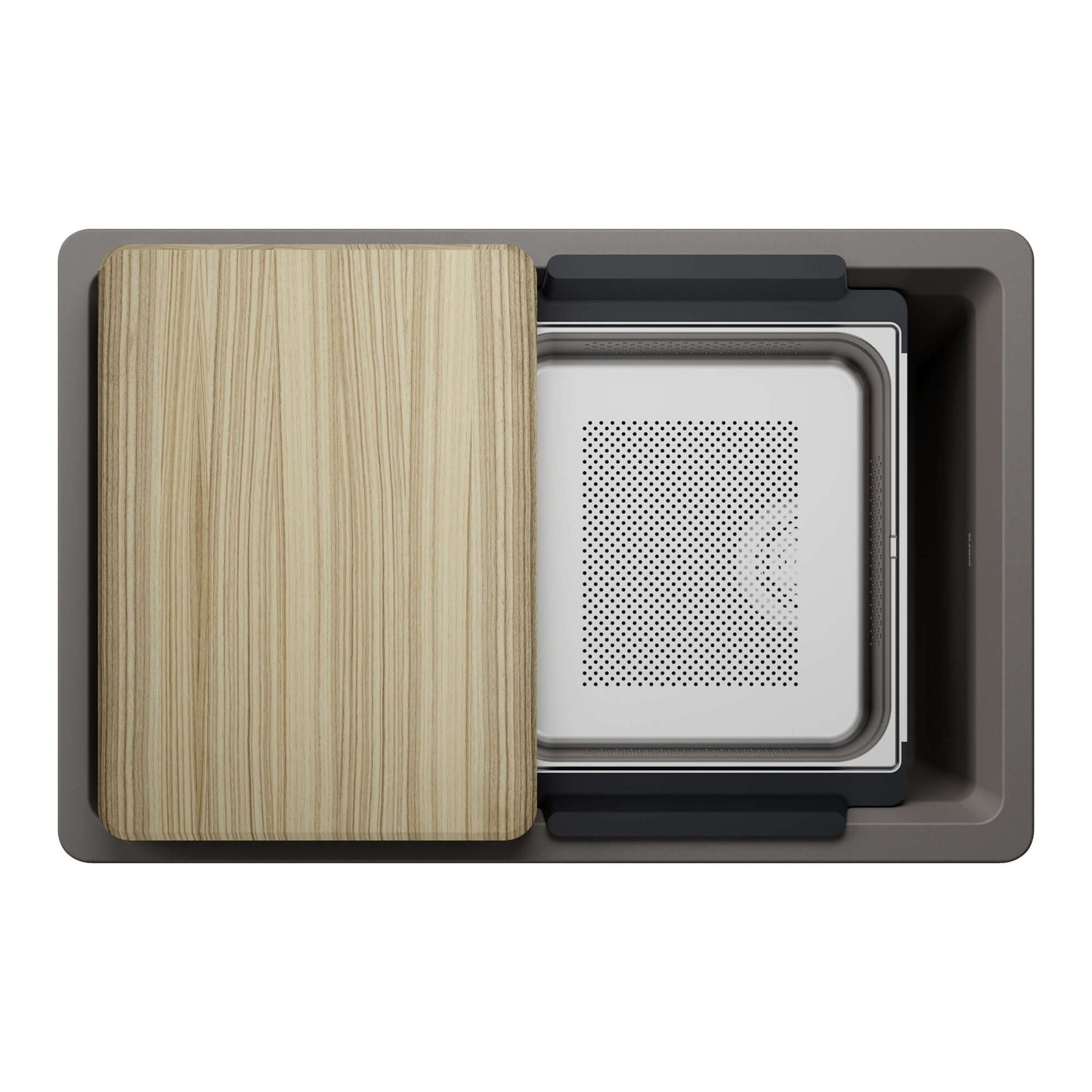 BLANCO Inteos SILGRANIT 30" Single Bowl Reversible Undermount Workstation Kitchen Sink with wood cutting board and colander.