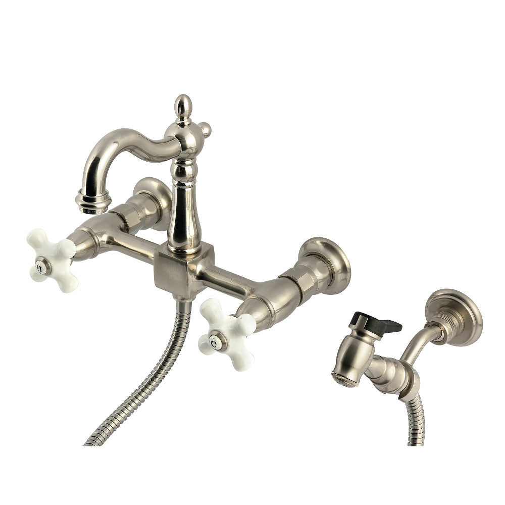 Kingston KS2443PXBS Heritage Two-Handle Wall Mount Bridge Kitchen Faucet with Brass Sprayer, Antique Brass