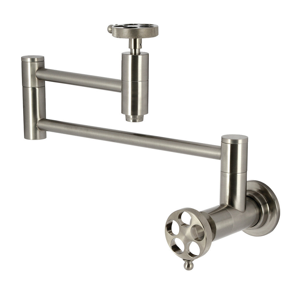 Kingston Brass KS8103RKZ Wendell Wall Mount Pot Filler Faucet with Knurled Handle, Antique Brass design with brushed finish.