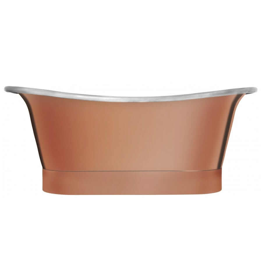 Side view of Thompson Traders Coba freestanding bathtub showing copper exterior and nickel rim