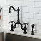 Kingston KS7753TXBS French Country Bridge Kitchen Faucet with Brass Sprayer, Antique Brass in sleek black finish.