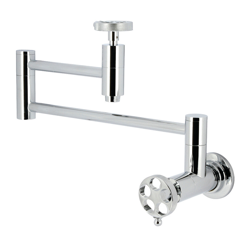 Kingston Brass KS8103RKZ Wendell Wall Mount Pot Filler Faucet with Knurled Handle, Antique Brass in polished chrome finish