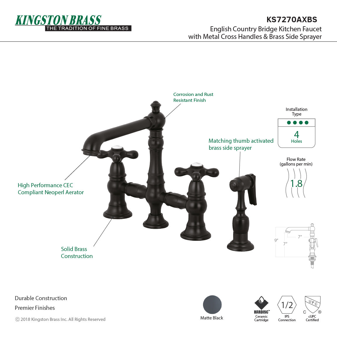Kingston KS7277AXBS English Country Bridge Kitchen Faucet with Brass Sprayer, Brushed Brass and Metal Cross Handles