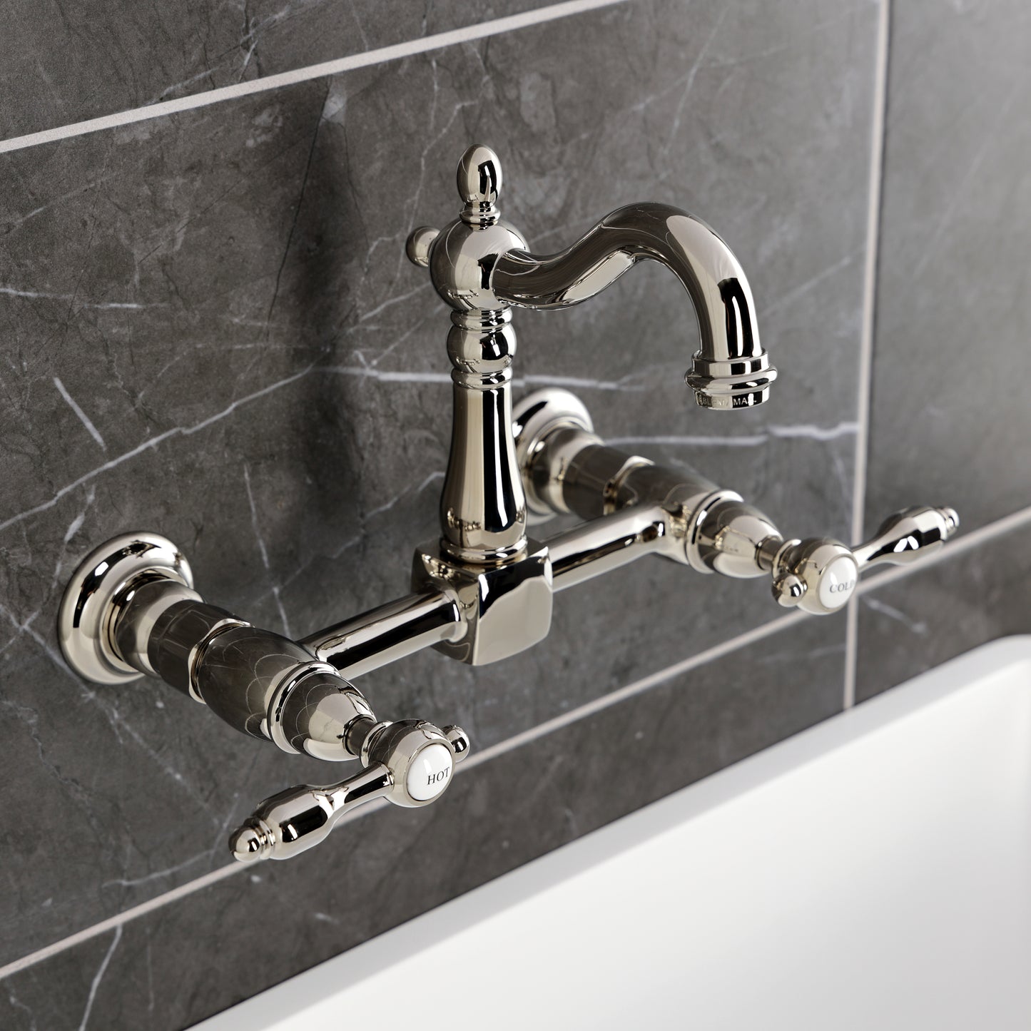 Kingston KS2443TAL Tudor Two-Handle Wall Mount Bridge Kitchen Faucet, Antique Brass
