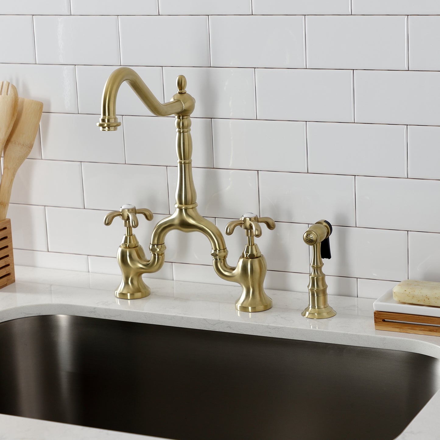 Kingston KS7753TXBS French Country Bridge Kitchen Faucet with Brass Sprayer, Antique Brass