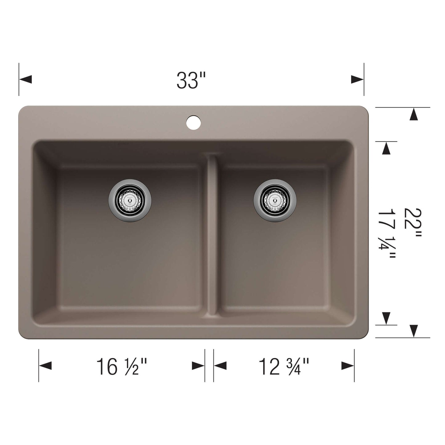 BLANCO Liven SILGRANIT 33" 60/40 Double Bowl Dual Mount Kitchen Sink with Low Divide top view and dimensions