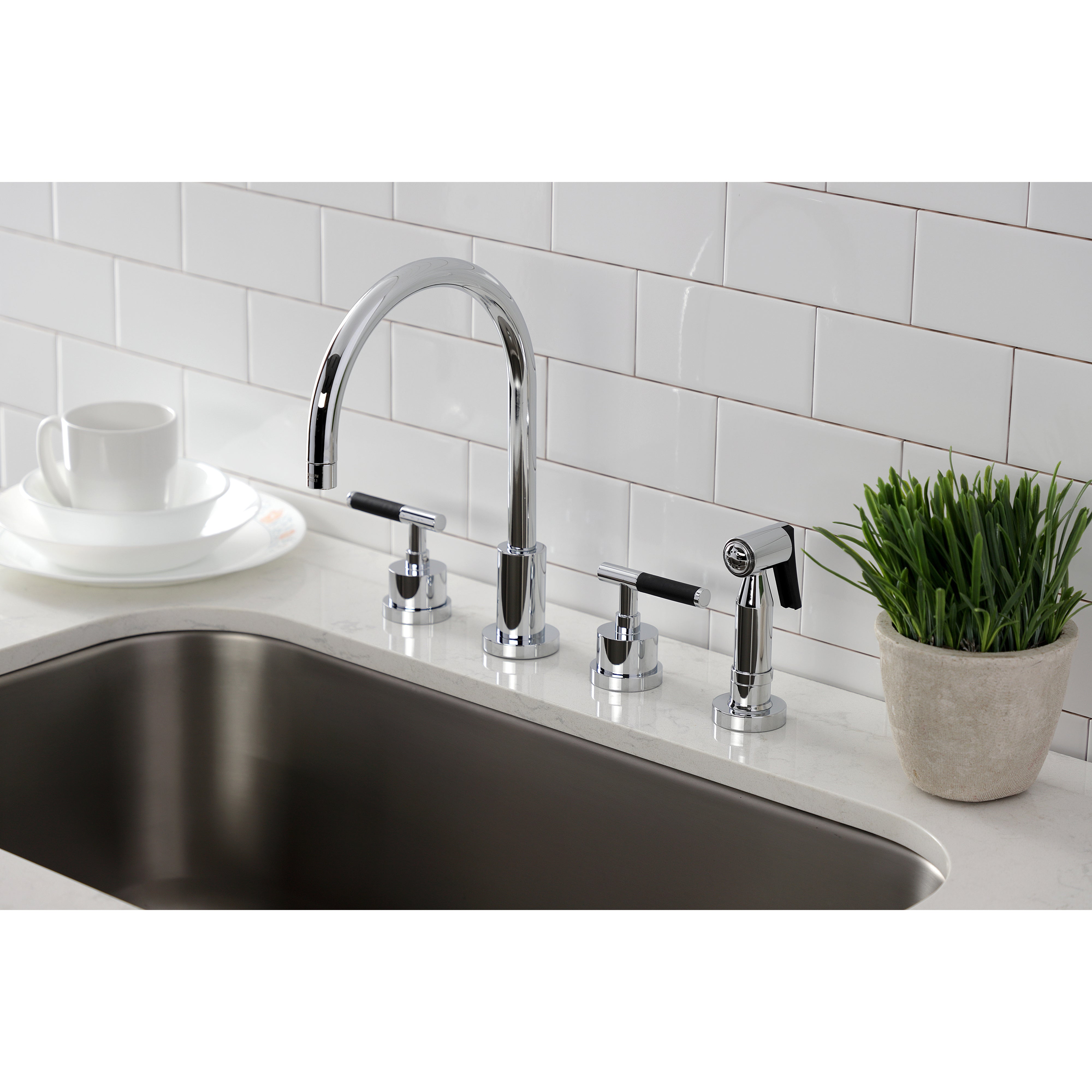 Kingston Brass KS8723CKLBS Kaiser Double-Handle Widespread Kitchen Faucet with Brass Sprayer, Antique Brass