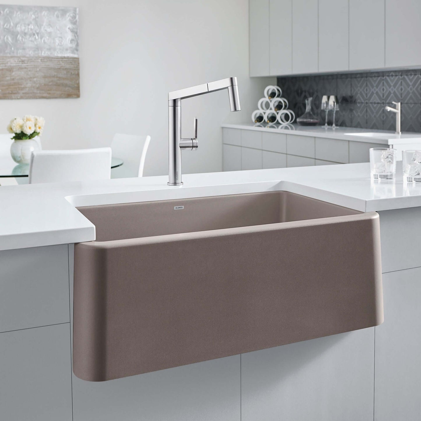 BLANCO Ikon SILGRANIT 33" Single Bowl Apron-Front Farmhouse Sink in a modern kitchen setting with sleek faucet.