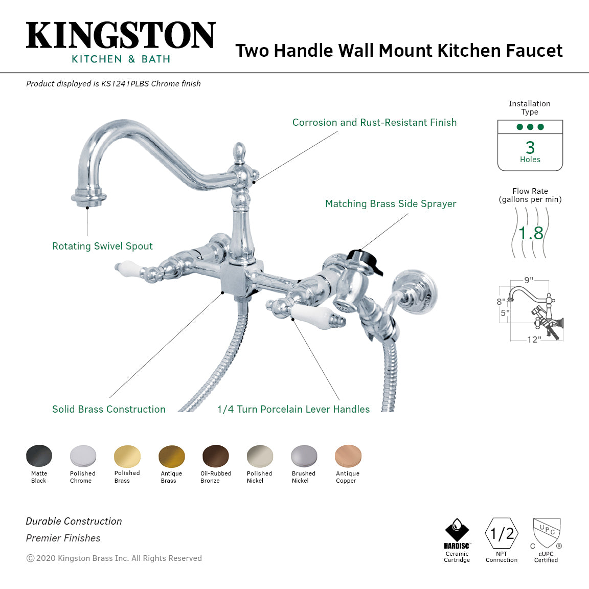 Kingston KS1243PLBS Heritage Two-Handle Wall Mount Bridge Kitchen Faucet with Brass Sprayer, Antique Brass