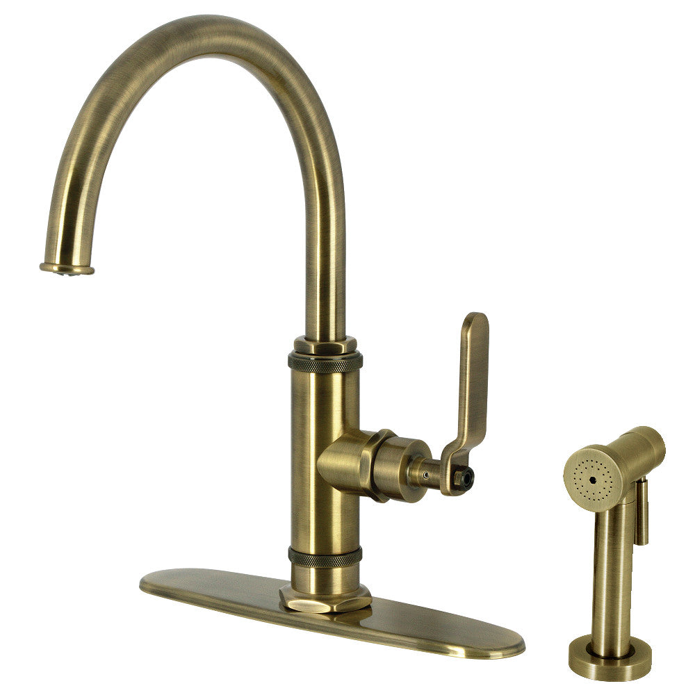 Kingston Brass KS2433KL Whitaker Single-Handle Kitchen Faucet with Brass Side Sprayer, Antique Brass image