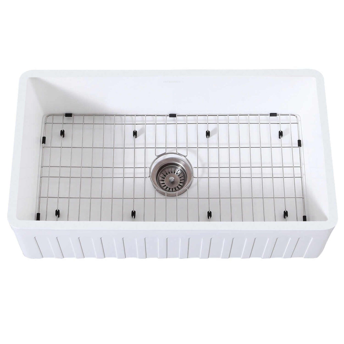 Kingston Brass 36" Apron Front Single Bowl Farmhouse Kitchen Sink - Solid Surface White Stone top view with bottom grid rack