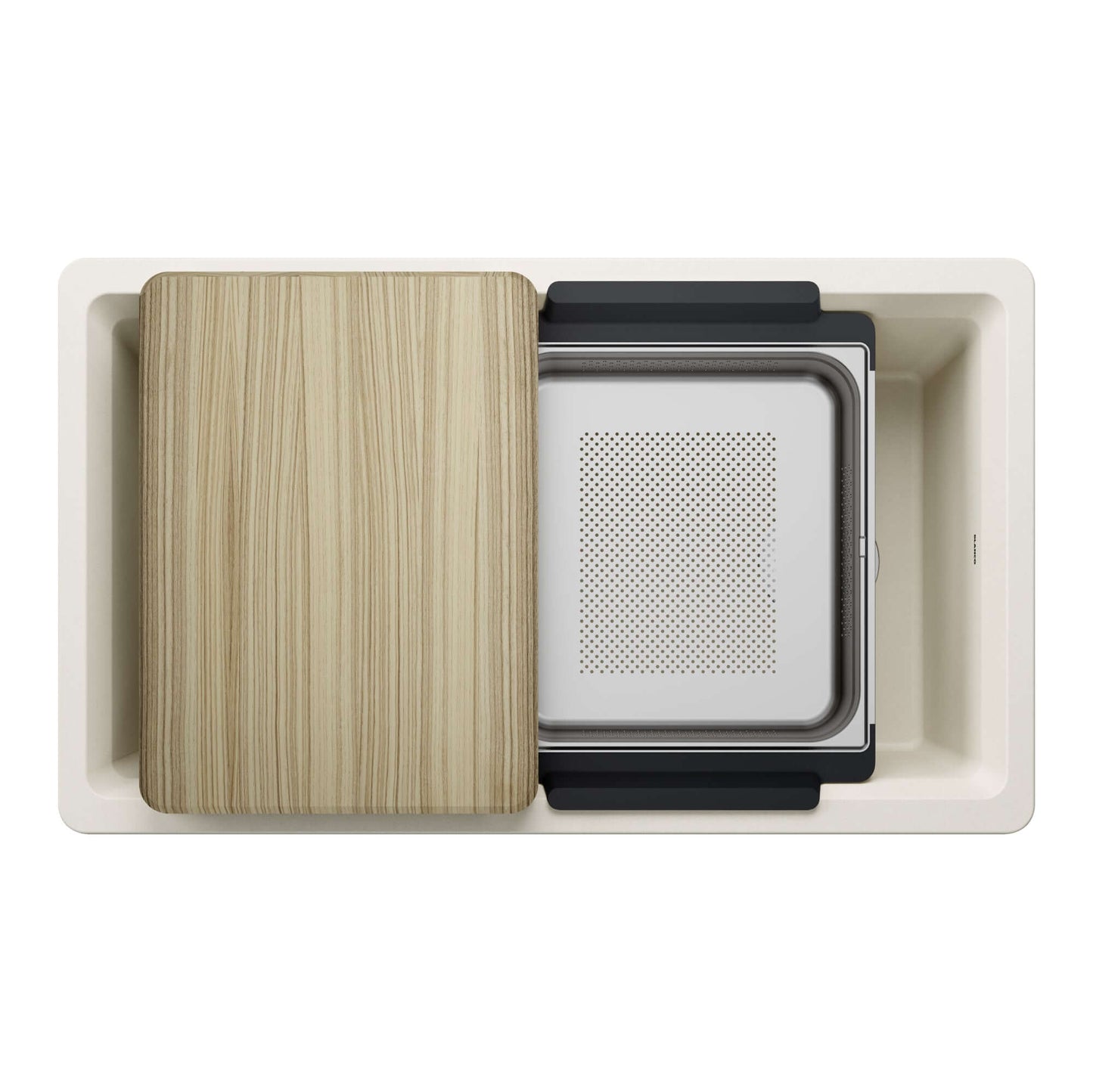 BLANCO Inteos SILGRANIT 33" Single Bowl Reversible Undermount Workstation Kitchen Sink with wood cutting board and colander.