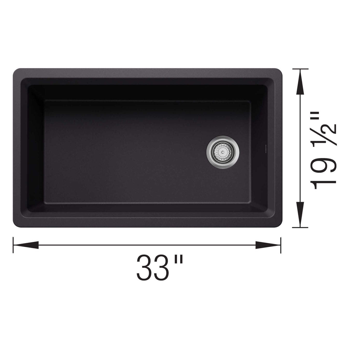 BLANCO Inteos SILGRANIT 33" Single Bowl Reversible Undermount Workstation Kitchen Sink top view with dimensions displayed.