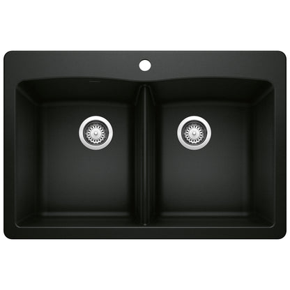 BLANCO Diamond SILGRANIT 33" 50/50 Double Bowl Dual Mount Kitchen Sink in sleek black design.