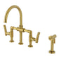 Kingston KS2333TKL Hallerbos Bridge Kitchen Faucet with Brass Sprayer, Antique Brass, featuring solid brass construction and side sprayer.