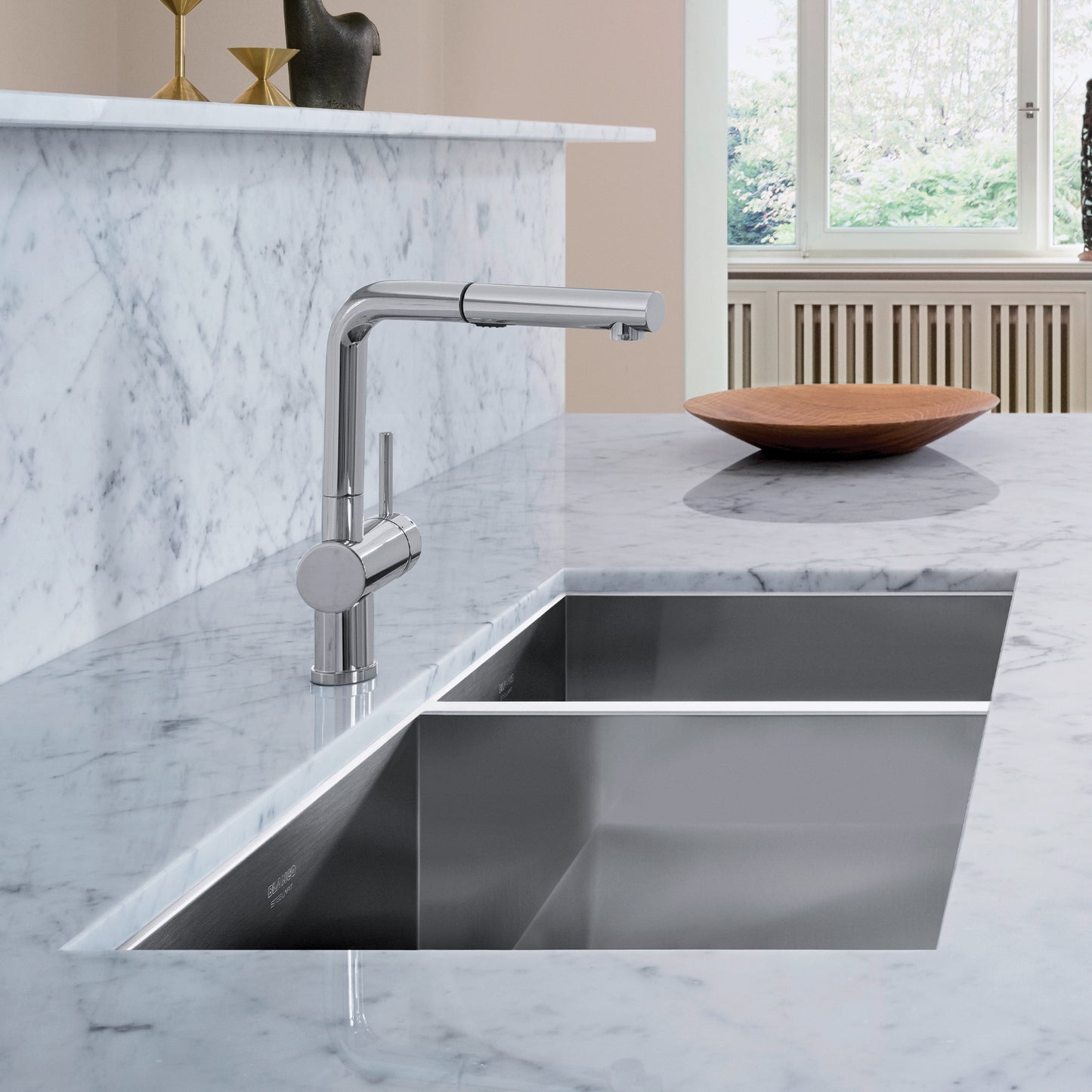BLANCO Precision R0 33" 60/40 Double Bowl Undermount Stainless Steel Kitchen Sink in modern marble kitchen.
