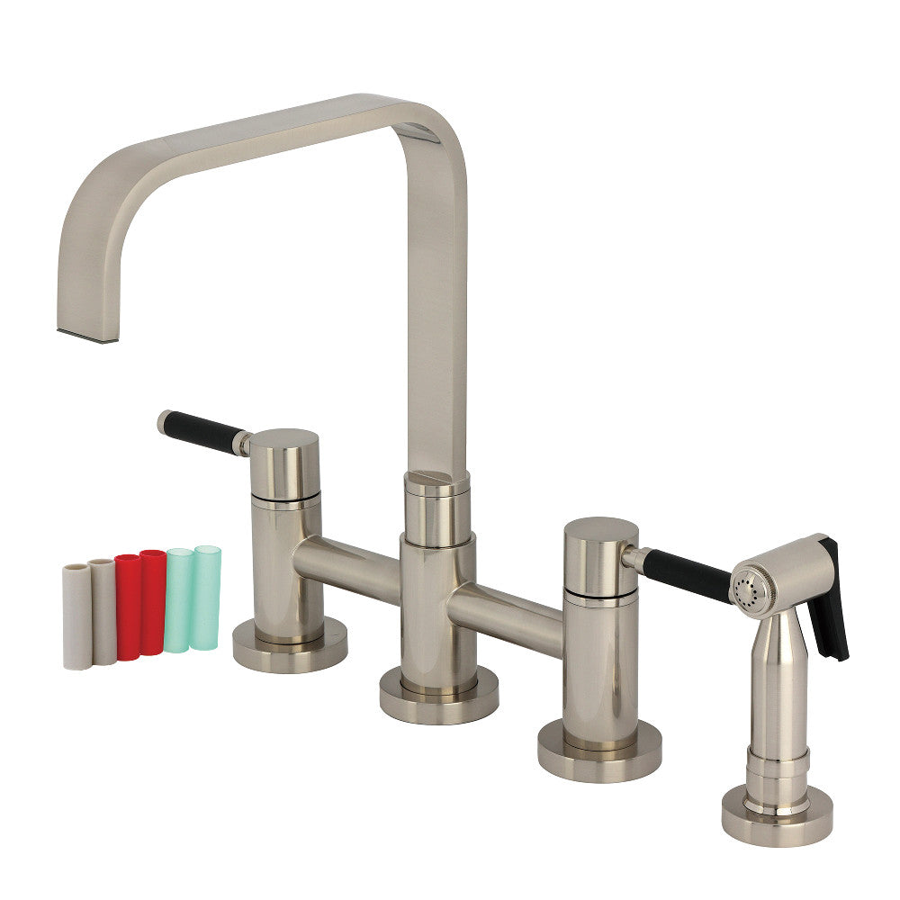 Kingston KS8257DKLBS Kaiser Bridge Kitchen Faucet with Brass Sprayer, Brushed Brass design with Neoprene handles and high spout.