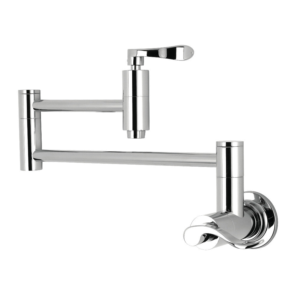 Kingston Brass KS8108DFL NuWave Wall Mount Pot Filler Faucet, Brushed Nickel with polished chrome finish, modern design.