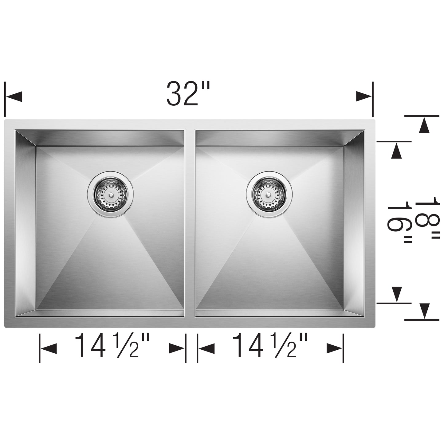 BLANCO Quatrus R0 32" 50/50 Double Bowl Undermount Stainless Steel Kitchen Sink dimensions illustration