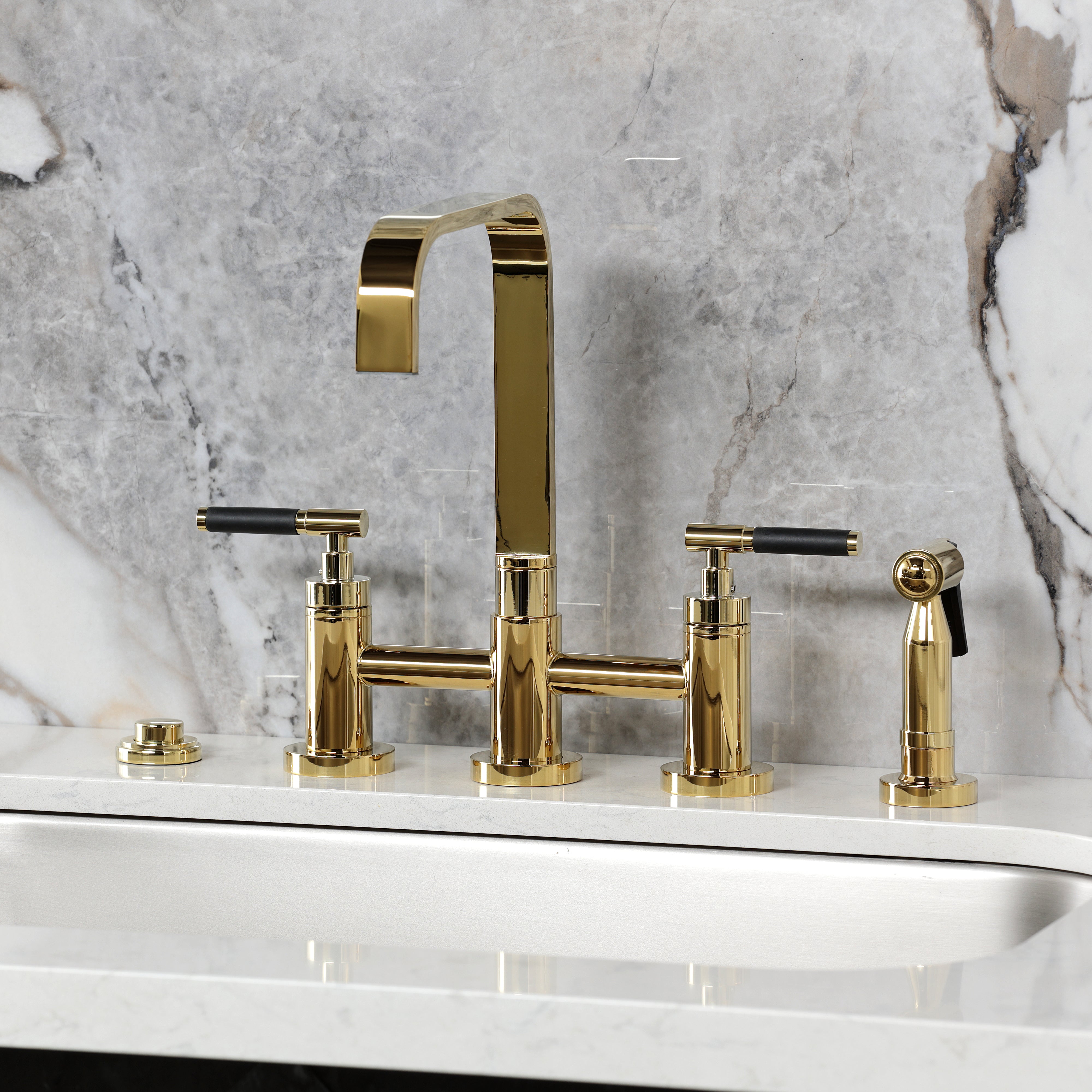 Kingston KS8257CKLBS Kaiser Bridge Kitchen Faucet with Brass Sprayer, Brushed Brass on modern countertop