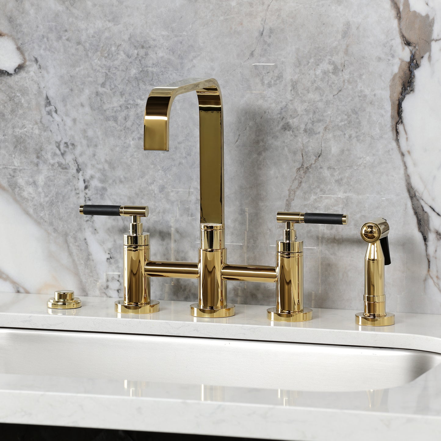 Kingston KS8257CKLBS Kaiser Bridge Kitchen Faucet with Brass Sprayer, Brushed Brass on modern countertop