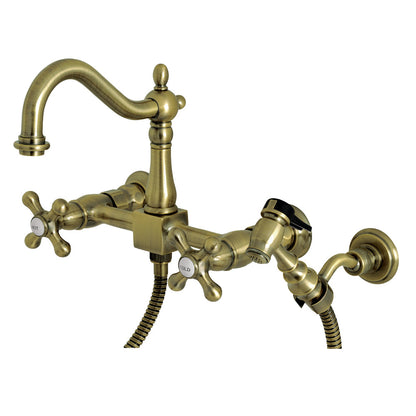 Kingston KS1263AXBS Heritage Two-Handle Wall Mount Bridge Kitchen Faucet with Brass Sprayer, Antique Brass