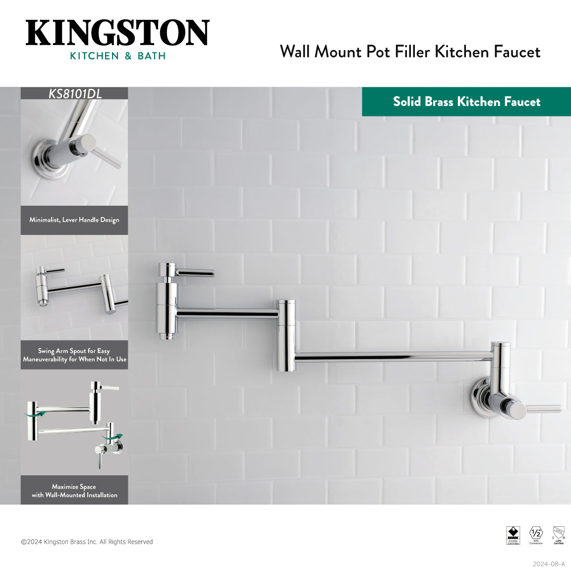 Kingston Brass KS8103DL Concord Wall Mount Pot Filler Faucet, Antique Brass with sleek design and swing arm spout.