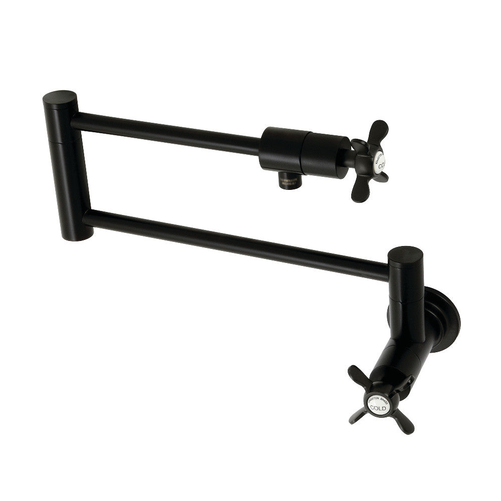 Kingston Brass KS4103BEX Essex Wall Mount Pot Filler Faucet, Antique Brass with dual levers and foldable arms.