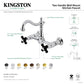 Kingston KS1263PKX Duchess Two-Handle Wall Mount Bridge Kitchen Faucet, Antique Brass with porcelain cross handles and swivel spout.