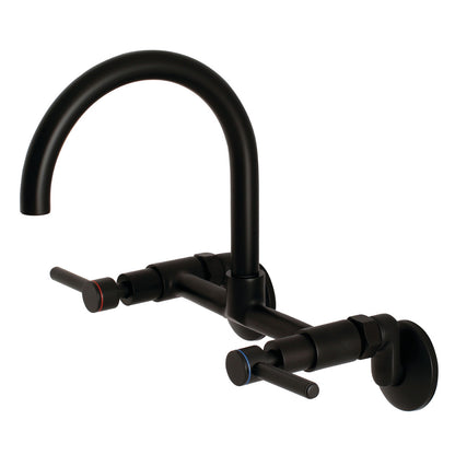 Kingston Brass KS814SB Concord Wall Mount Bridge Kitchen Faucet, high-arc gooseneck design in matte black finish.